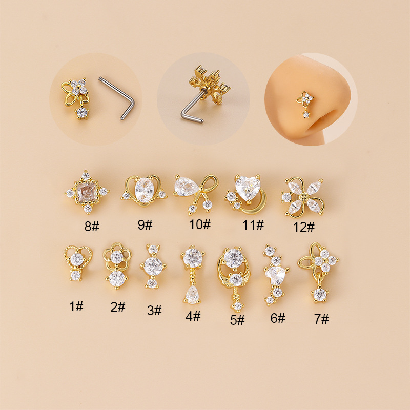 Body Jewelry Septum - 20G L-Shaped Cubic Zircon Nose Stud,