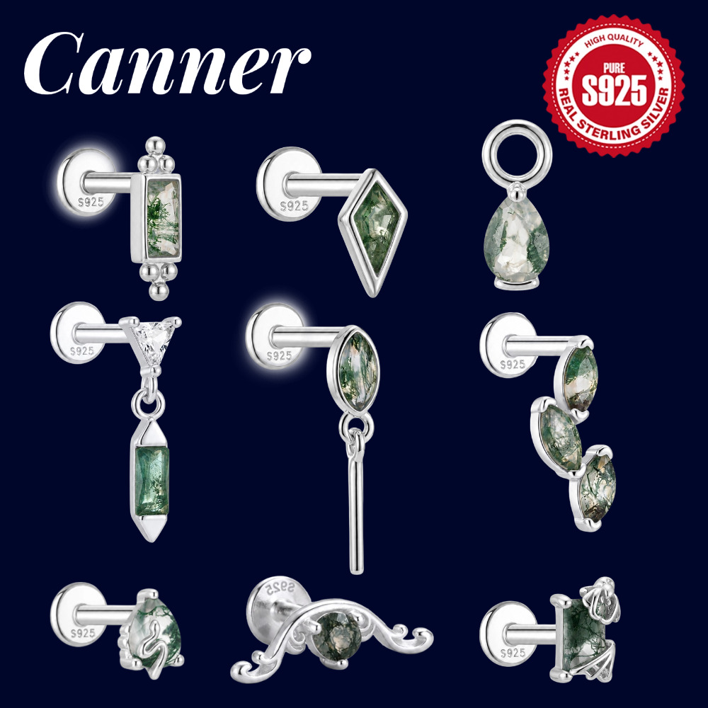 Body Jewelry Cartilage Earrings - Canner 925 Sterling Silver Moss Agate